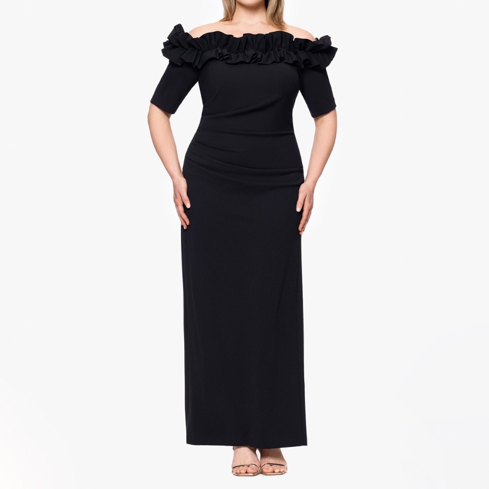 XSCAPE - "Isla" Long Crepe Off The Shoulder Ruffle‎ Dress